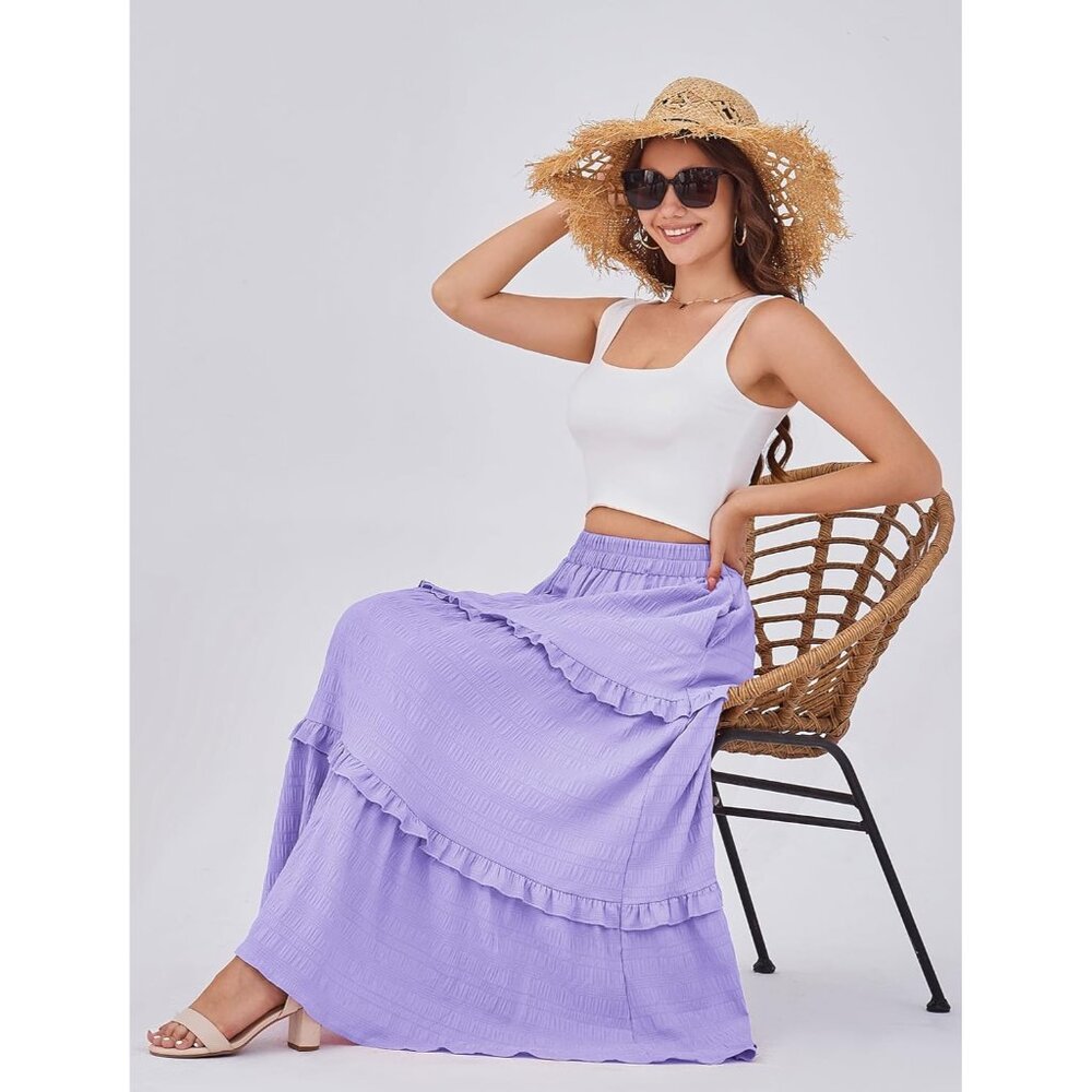 Women's Purple Casual Elegant A Line Flowy Ruffle Tiered Long Pockets Maxi Skirt - Picture 5 of 5